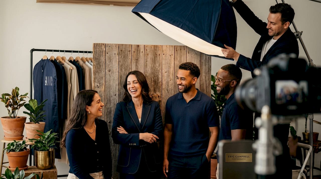 Team preparing for studio branding headshots
