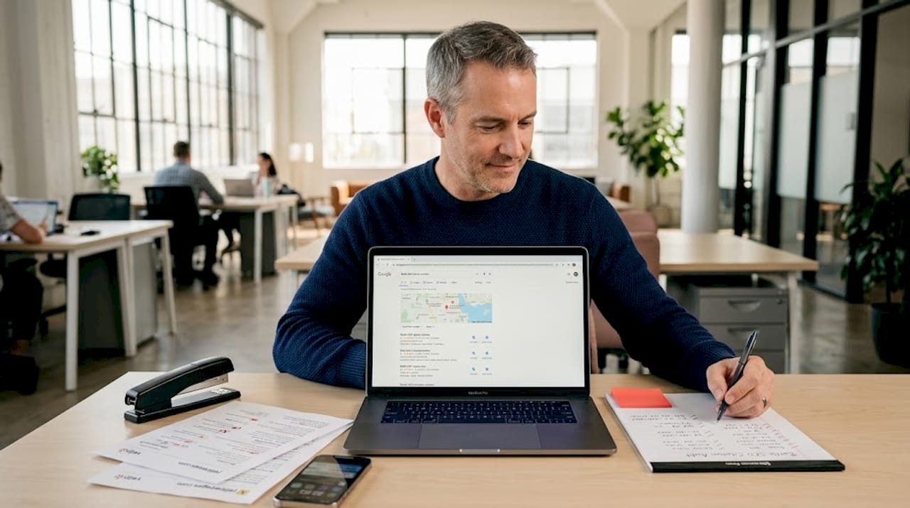 Man checking business listings on laptop