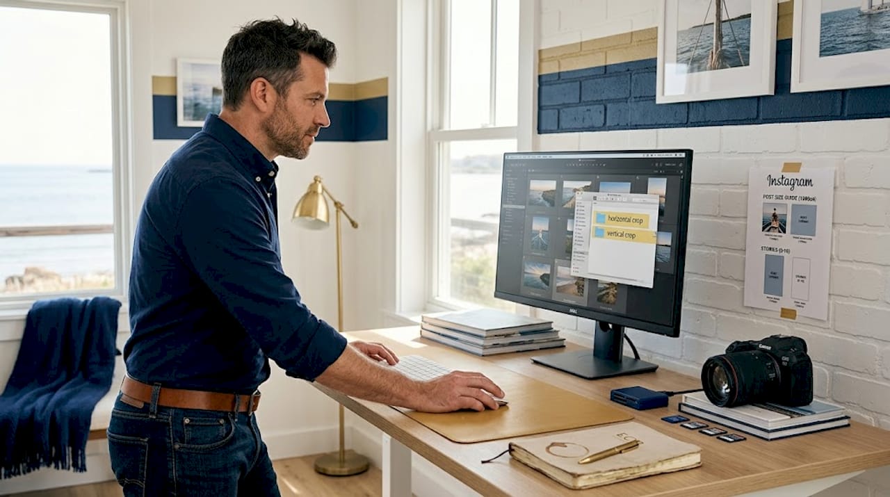 Photographer preparing photo crop variations