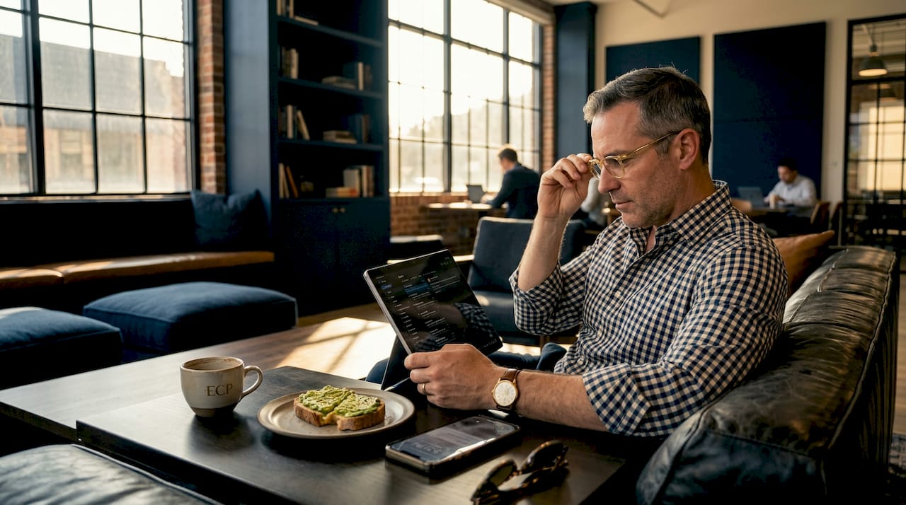 Man using tablet in shared workspace lounge