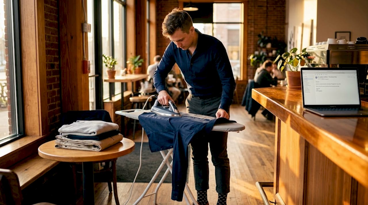 Man prepares wardrobe for LinkedIn photo shoot