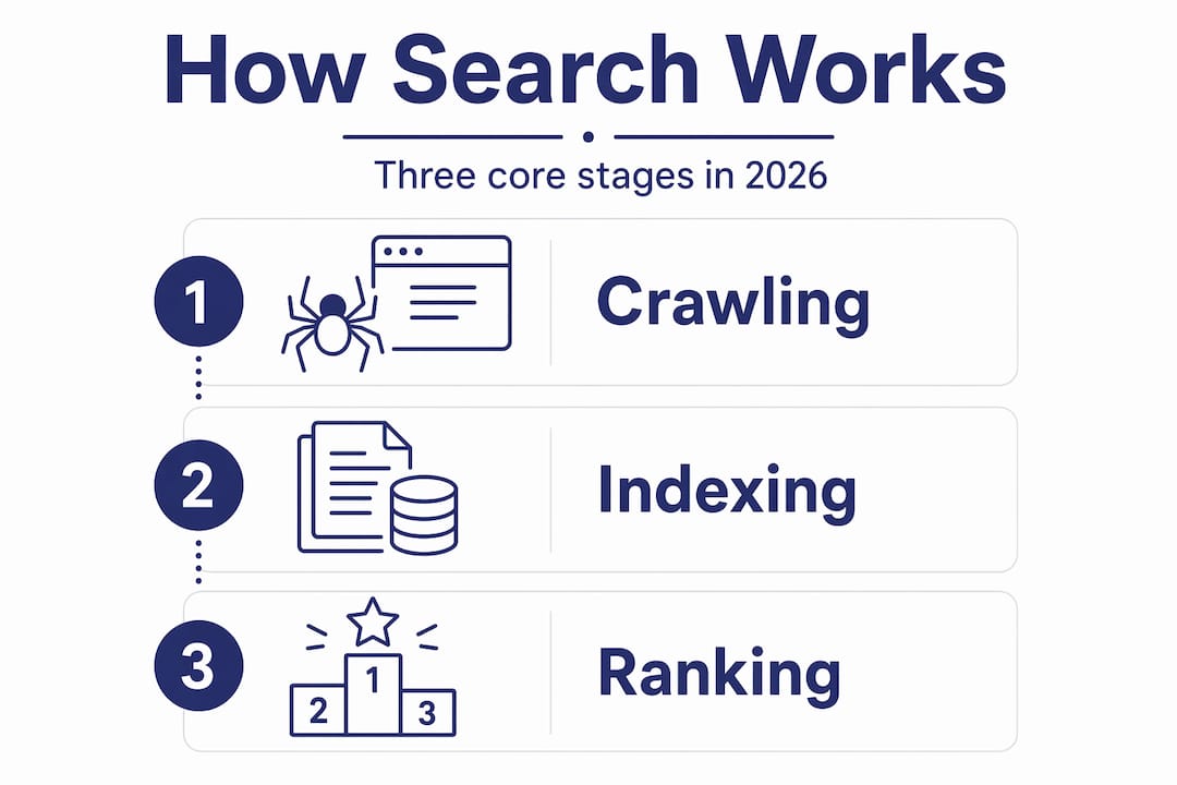 Infographic showing crawling, indexing, ranking steps