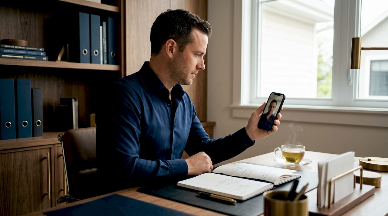 Checking smartphone headshot in home office
