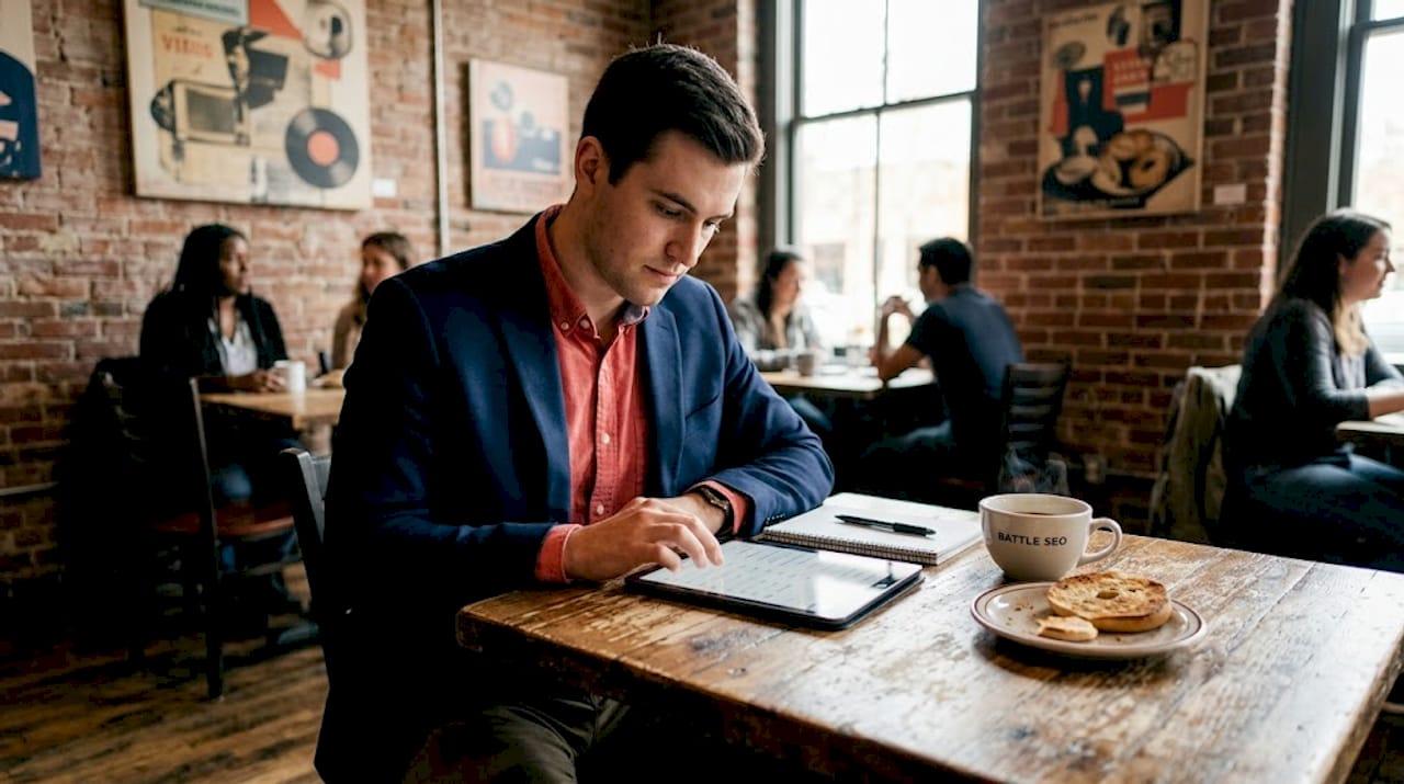 Business owner researching local SEO keywords in café