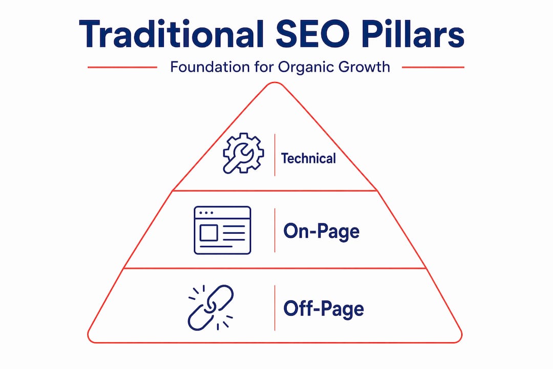 Hierarchy infographic showing three SEO pillars