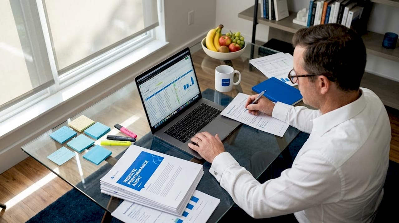 Consultant reviewing SEO backlinks at dining table