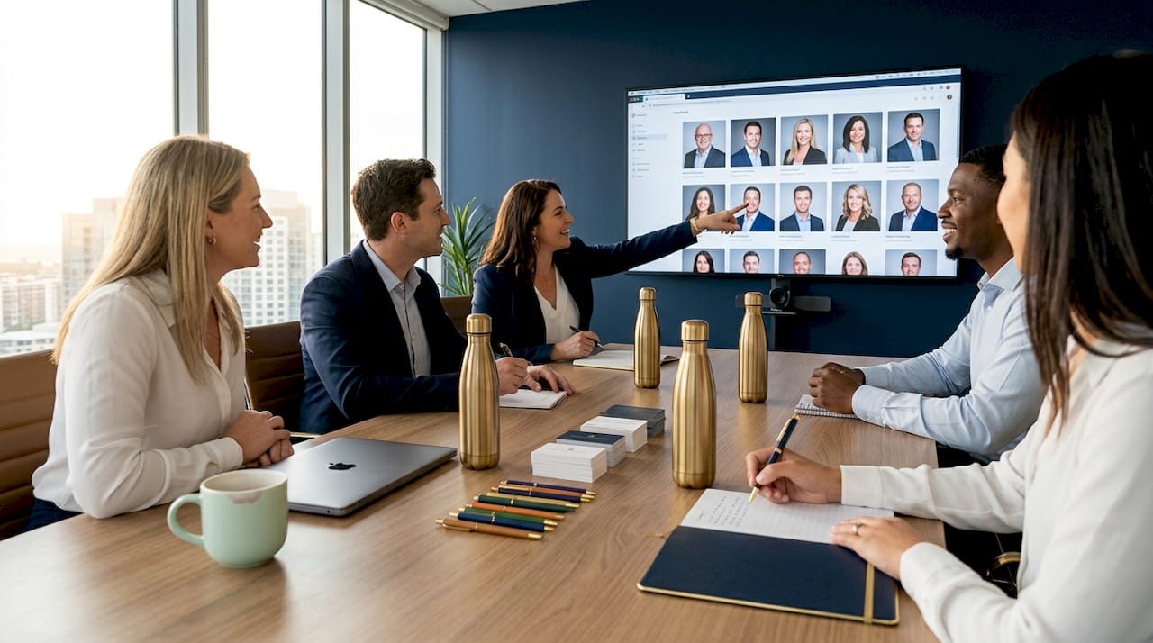 Team reviews headshots on conference monitor