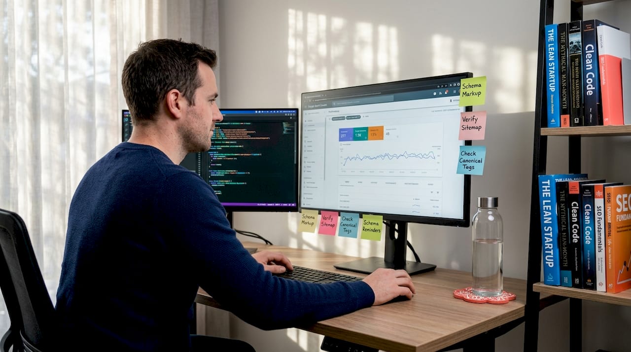 Developer reviews mobile SEO metrics at dual monitors