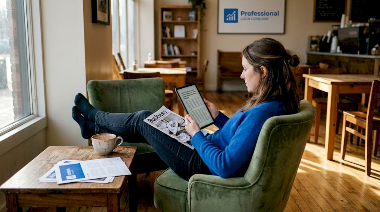 Woman reading article in open-plan workspace