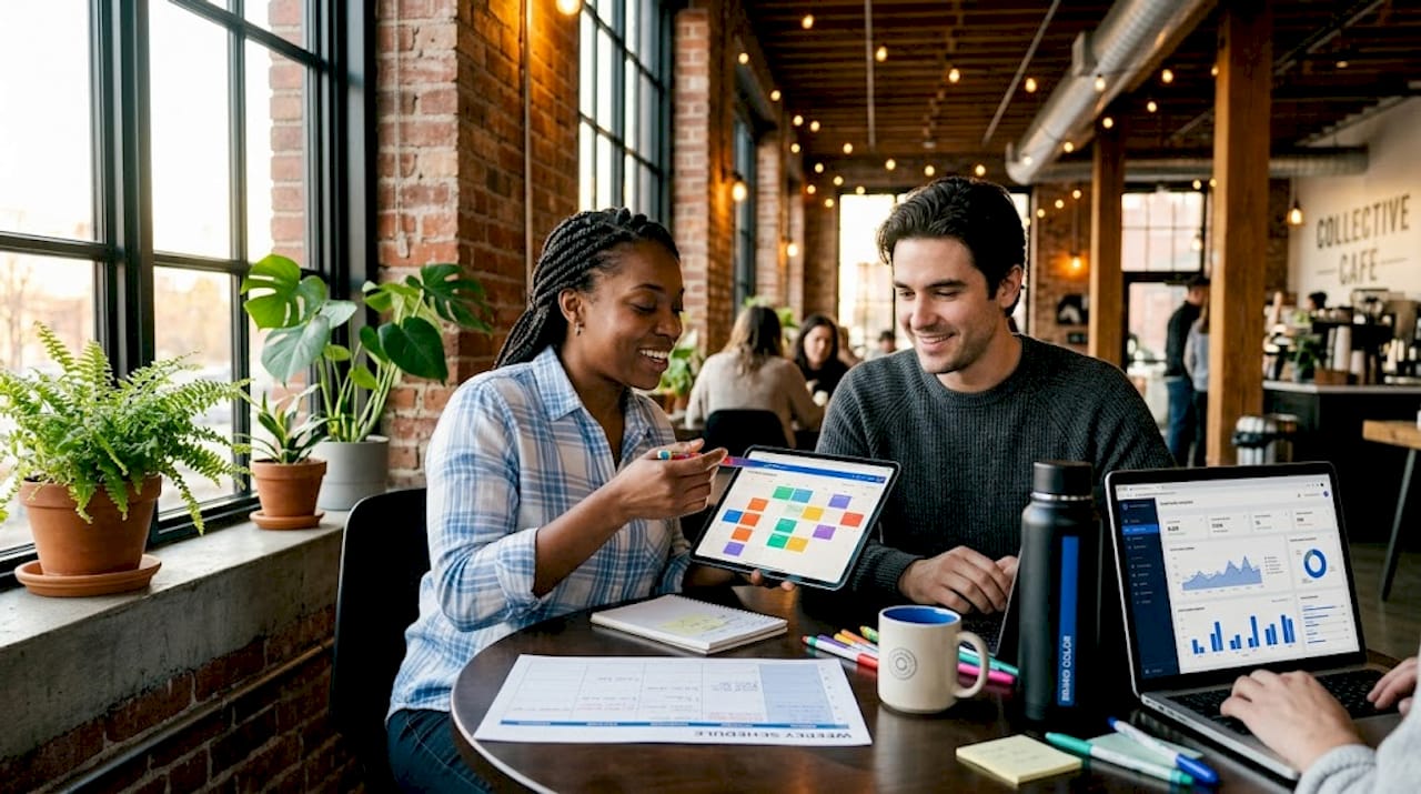 Team members coordinate posts on workspace table