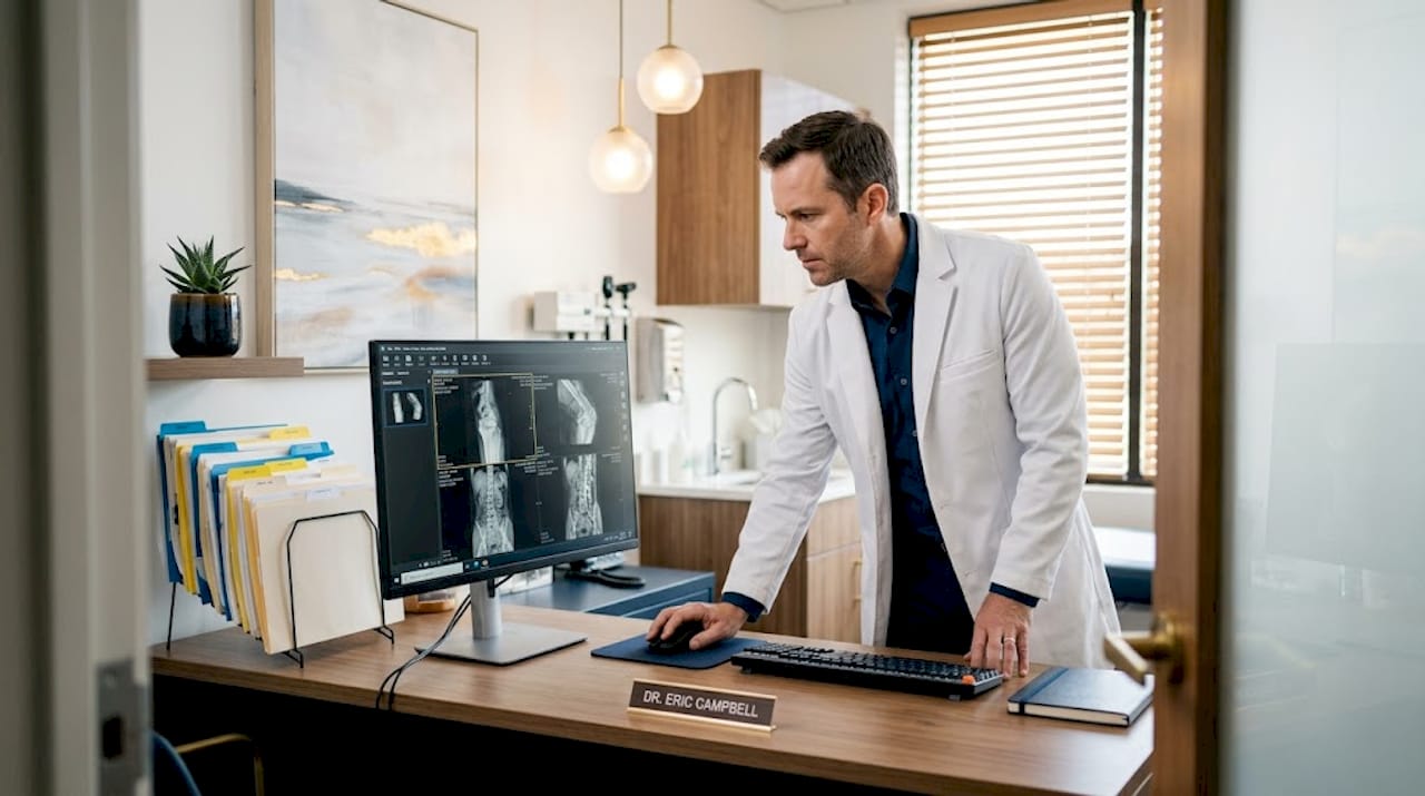 Doctor reviewing images in exam room