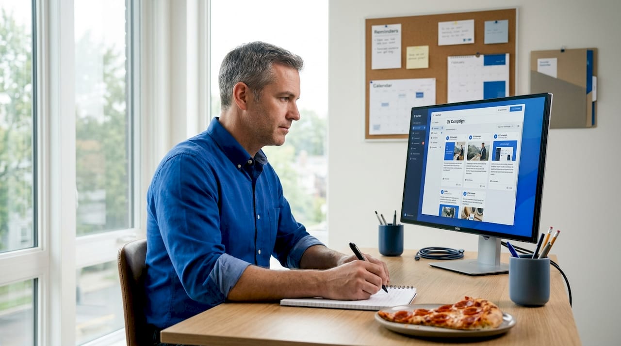 Home office batching social content workflow