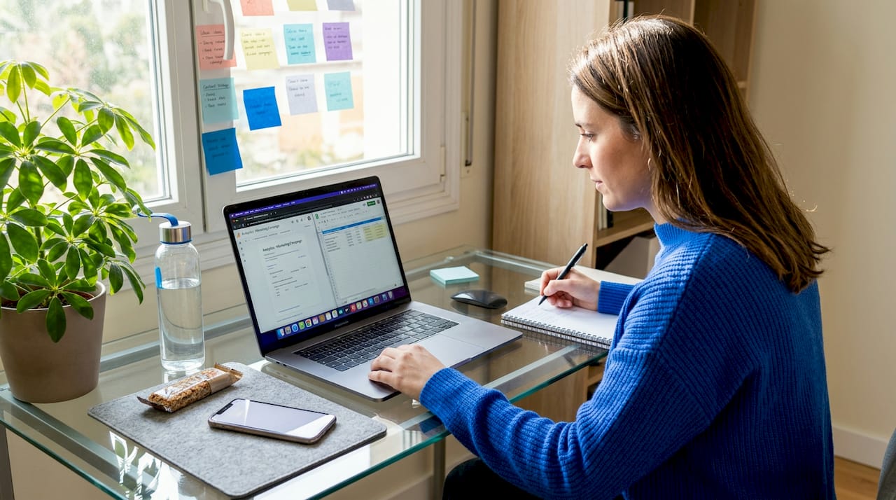 Digital marketer multitasking at home workspace