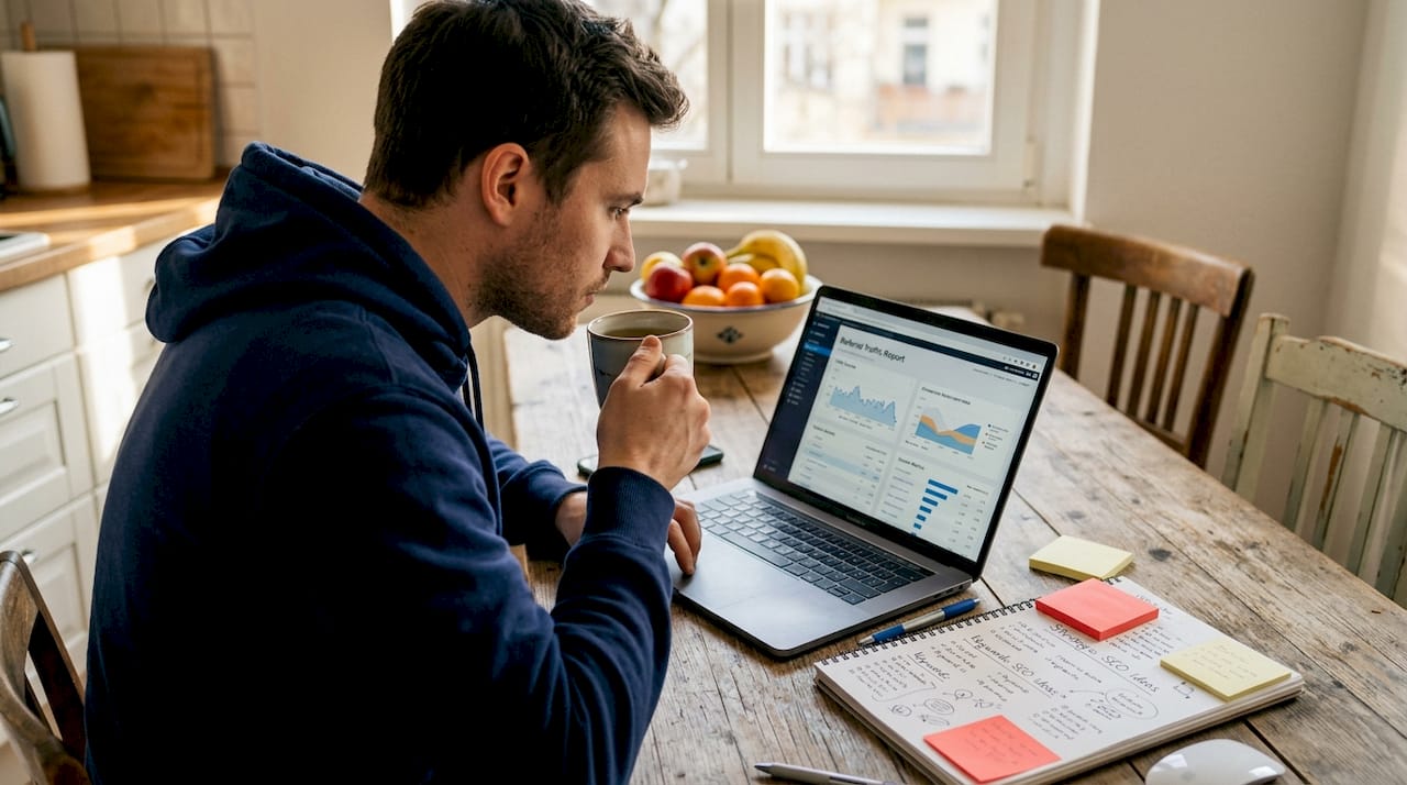 Man checking referral traffic on kitchen laptop