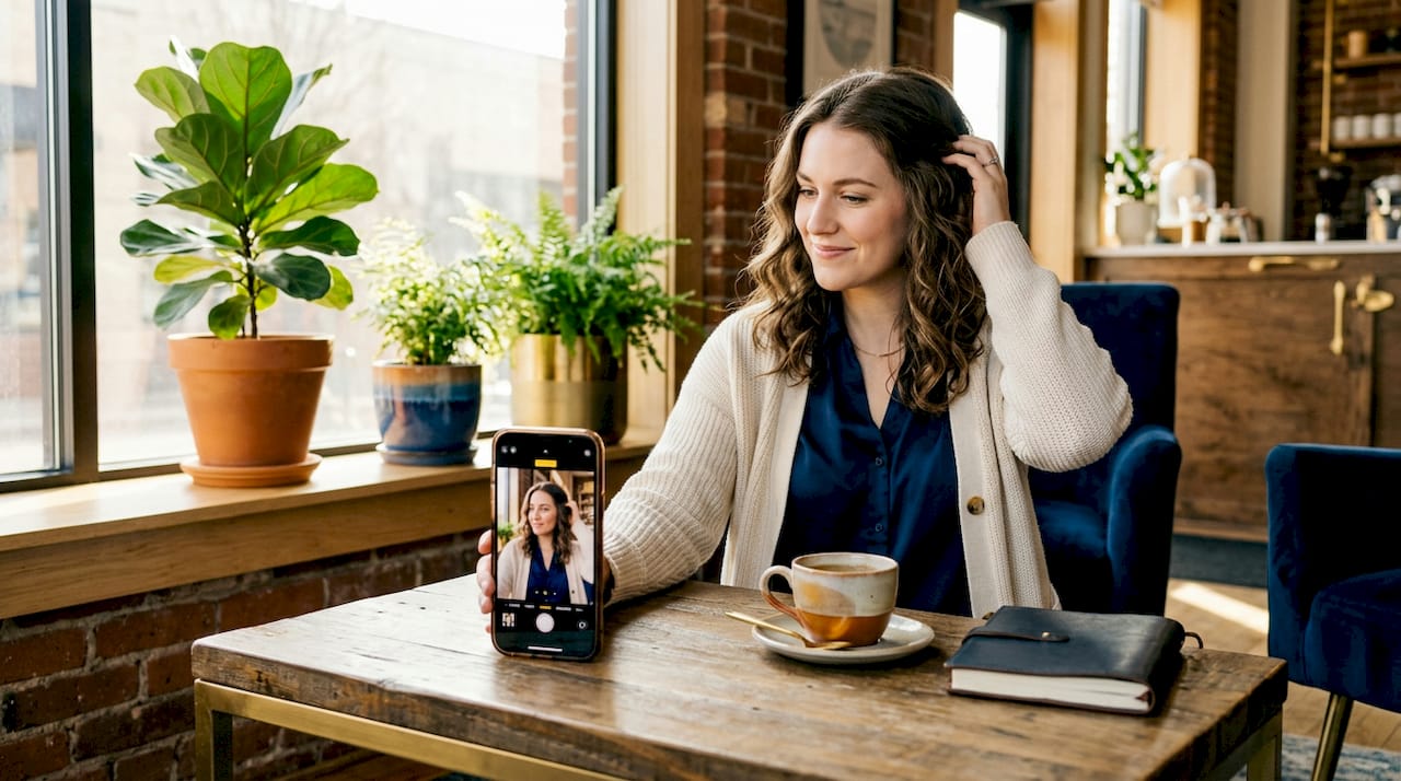 Woman setting up LinkedIn profile photo at home