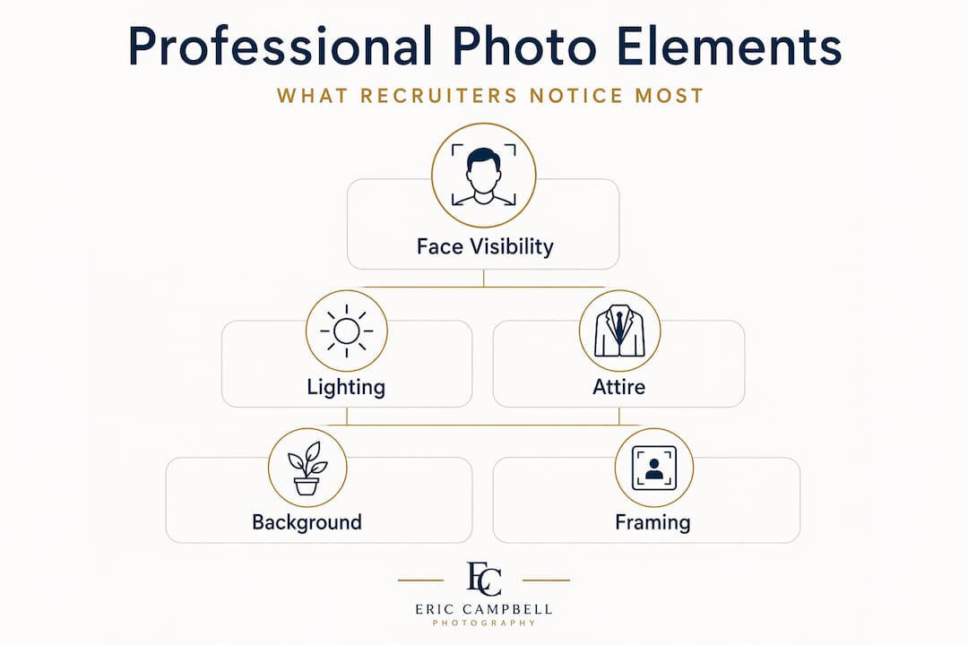 Infographic showing core elements of a professional LinkedIn photo