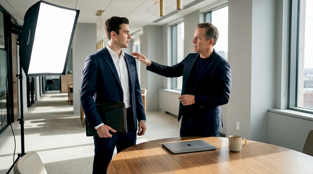 Corporate headshot preparation in conference room