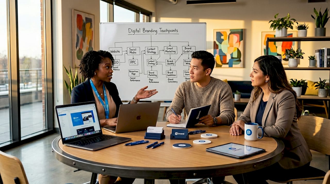 Team collaborating on global digital branding