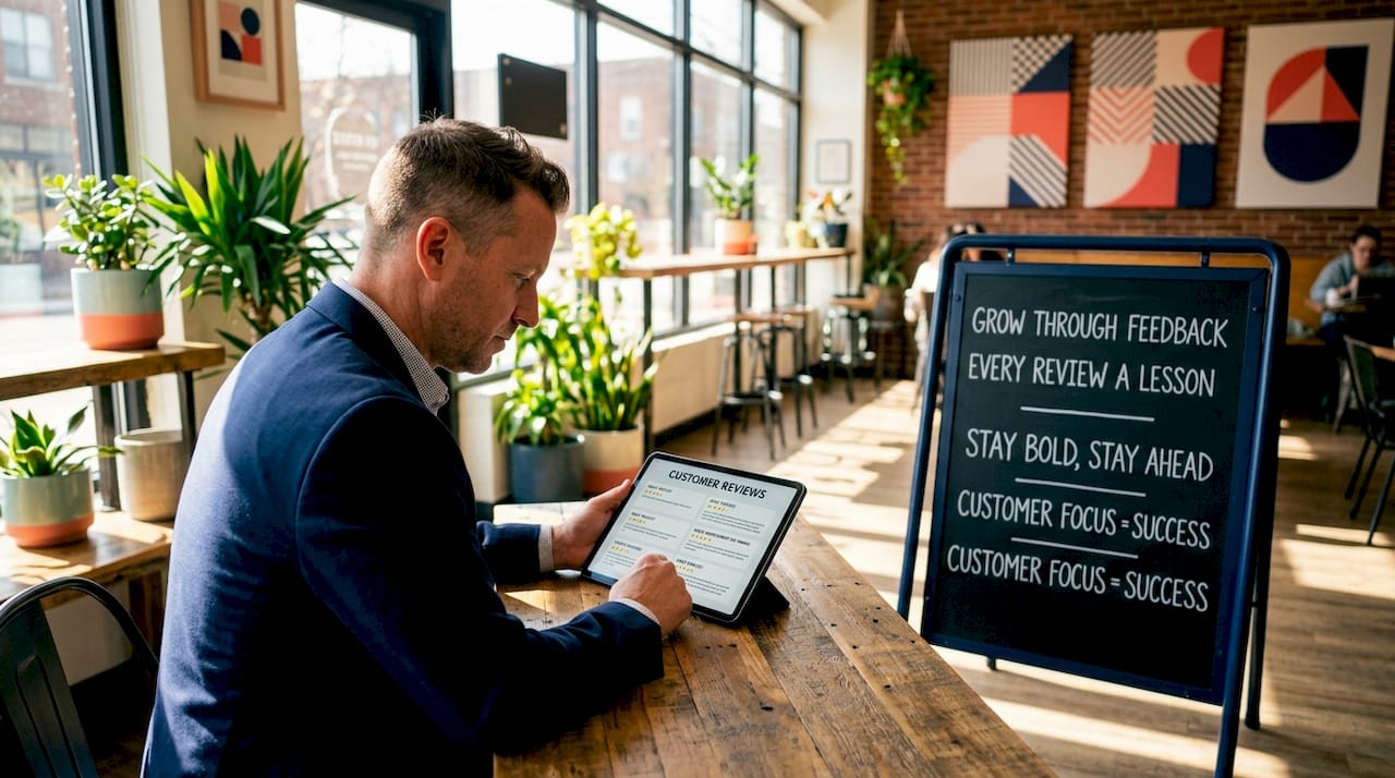 Small business owner reading customer reviews on tablet