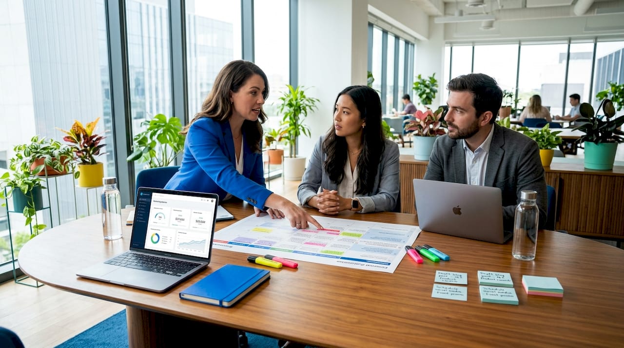 Marketing team collaborating on editorial calendar