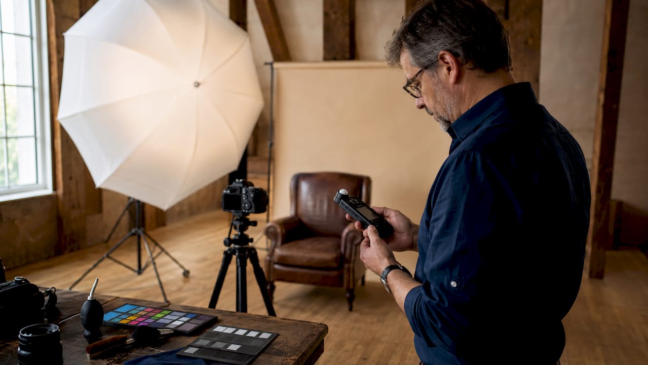 Photographer adjusting lighting in studio