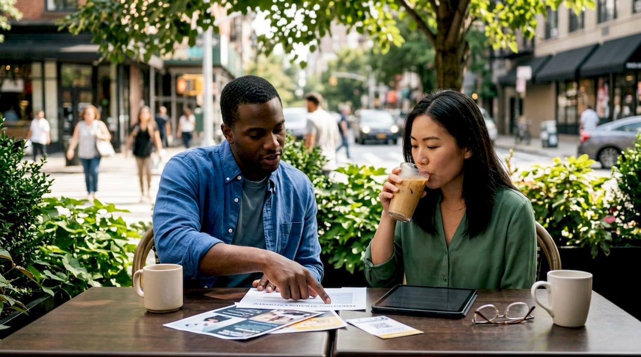 Two professionals discussing content promotion tactics