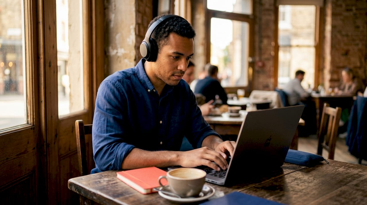Man typing content for voice search optimization at cafe
