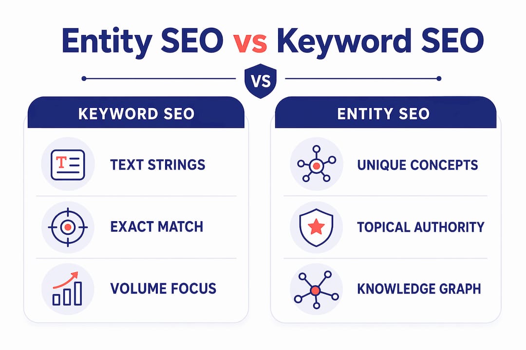 Infographic comparing entity SEO and keyword SEO concepts