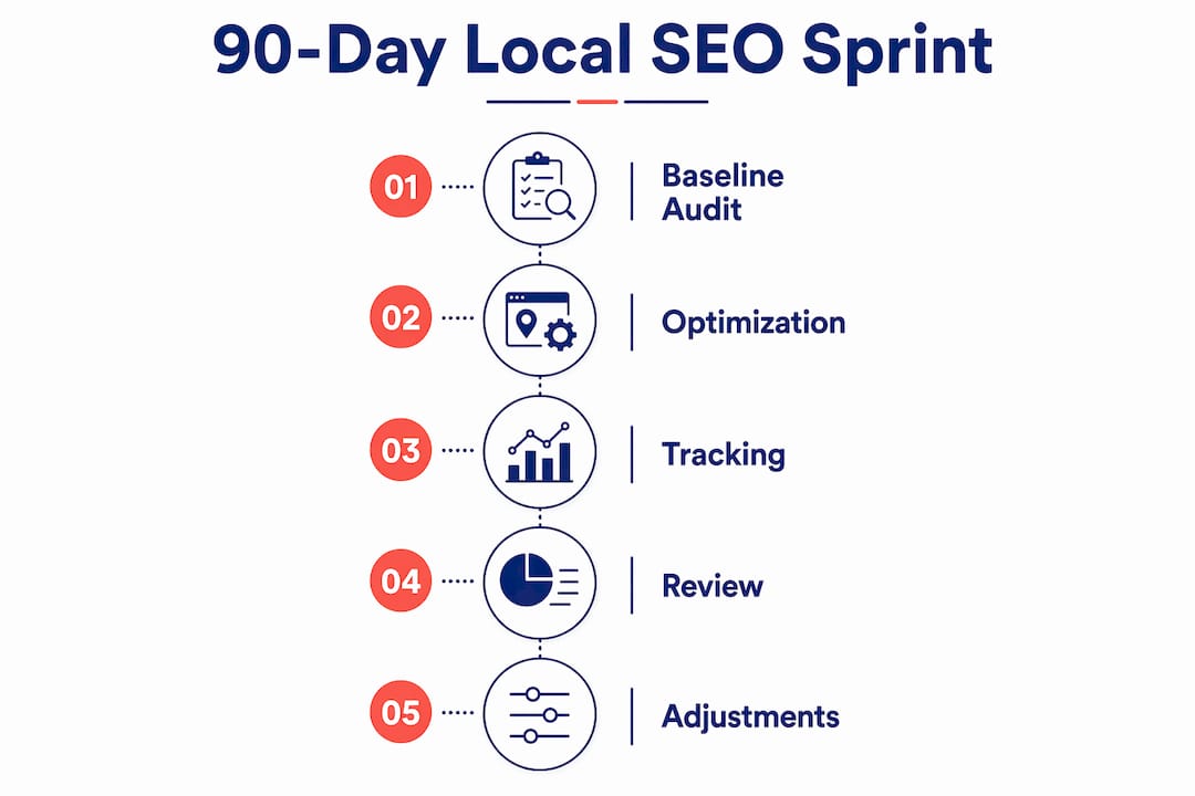 Infographic outlining 90-day local SEO process steps