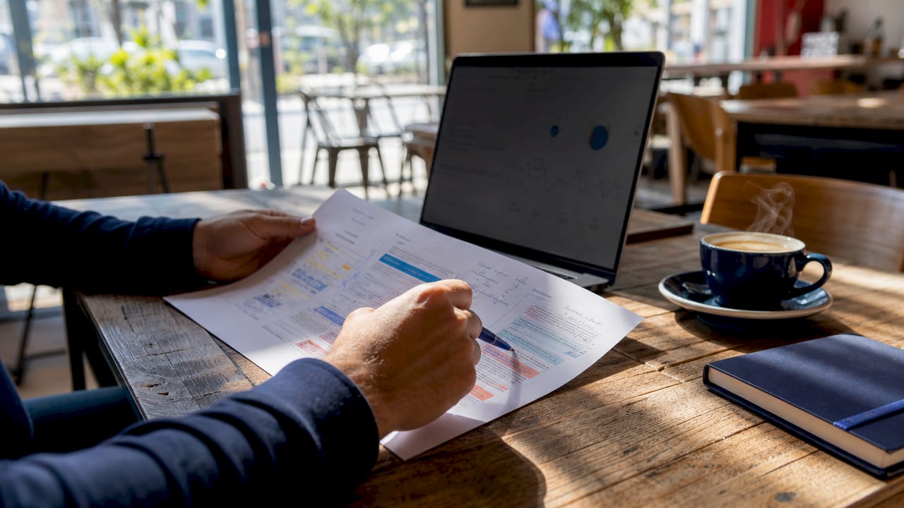 Hands typing with search result printout on desk