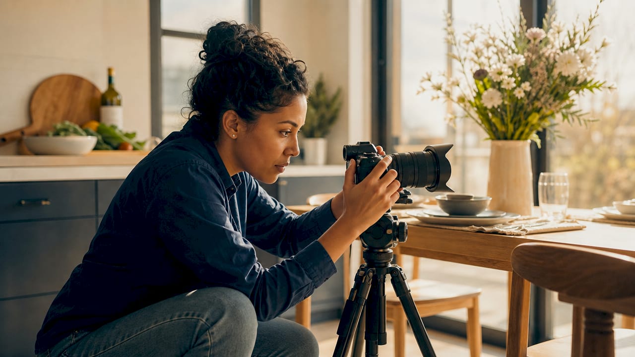 Photographer adjusting camera lens indoors