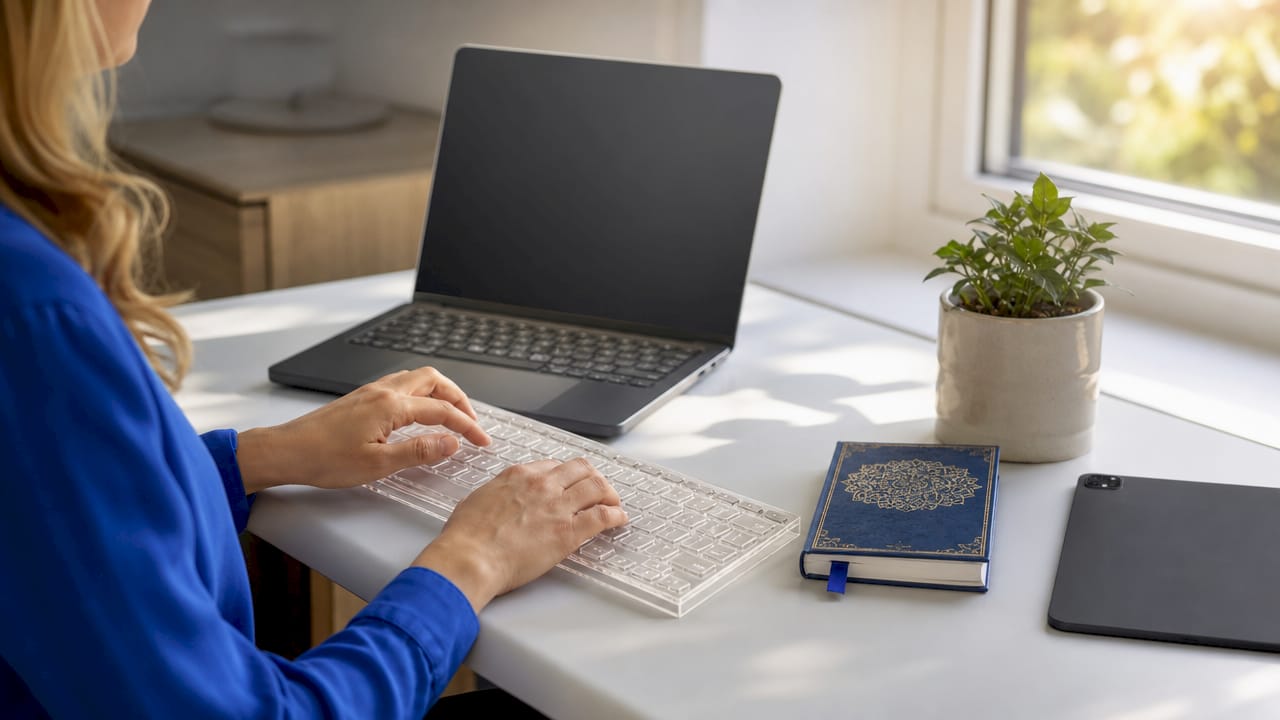 Hands typing on keyboard with laptop at home office
