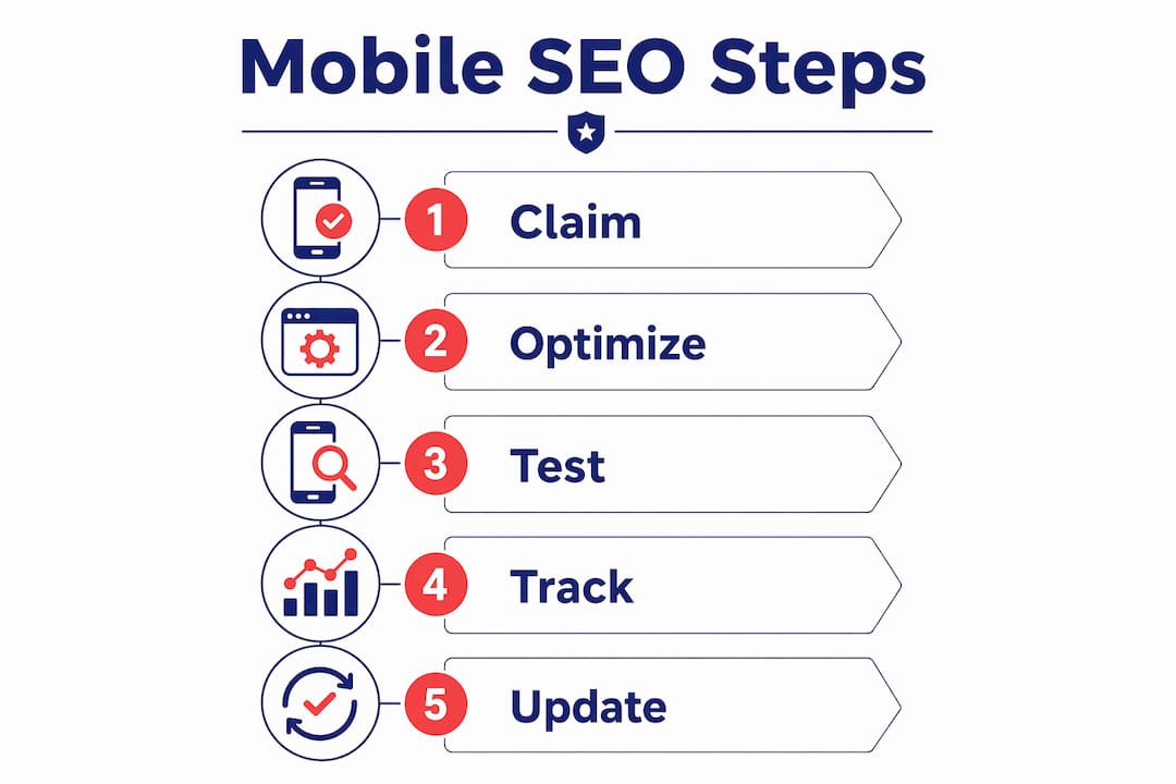 Infographic showing 5-step mobile SEO optimization process