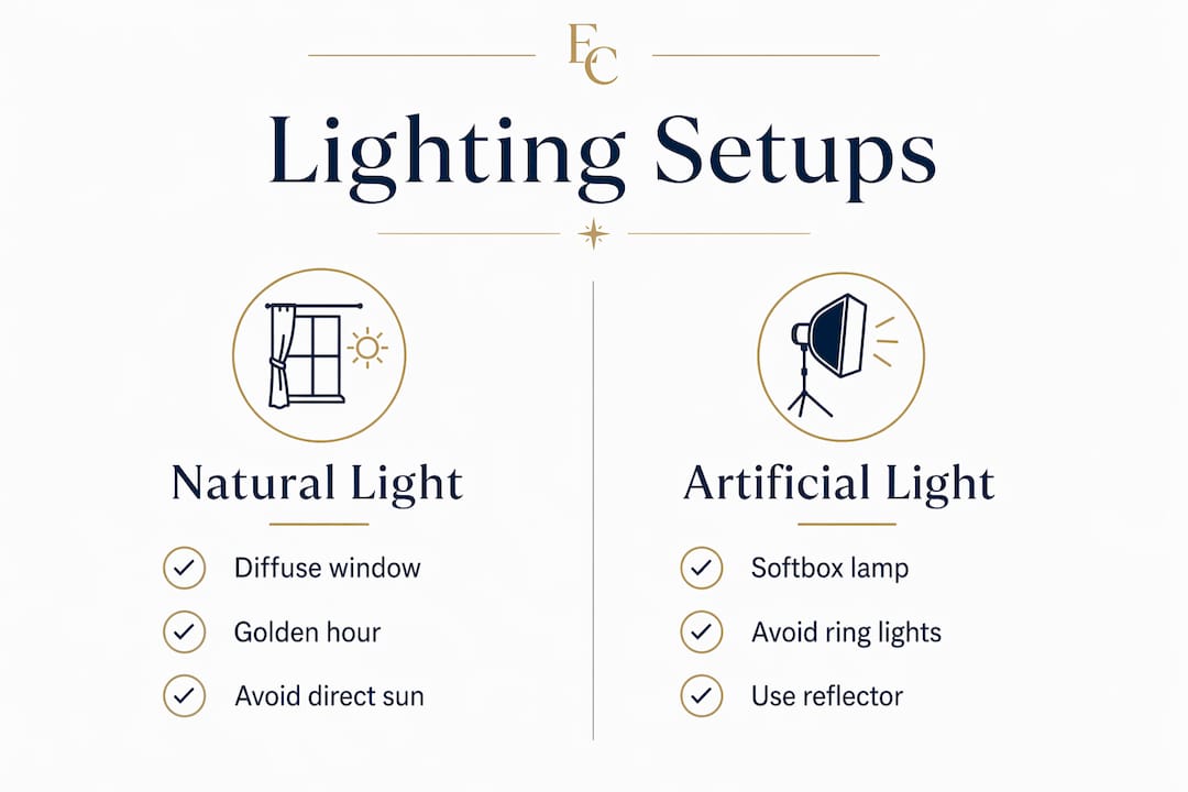 Infographic comparing natural and artificial lighting setups for LinkedIn photos