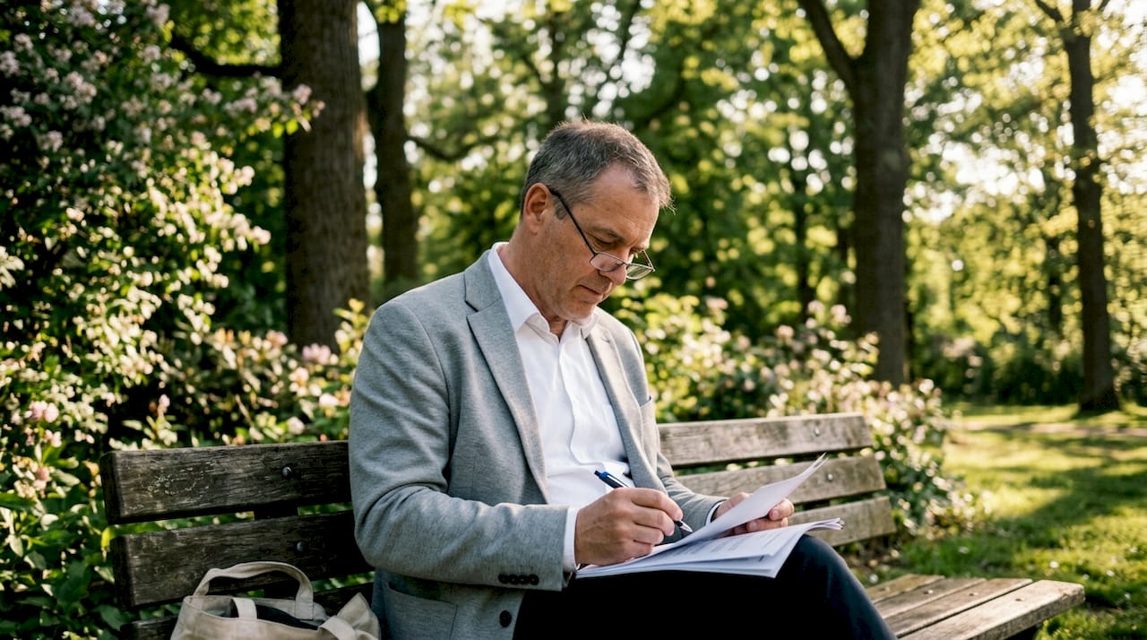 Man reviewing brand feedback reports outdoors