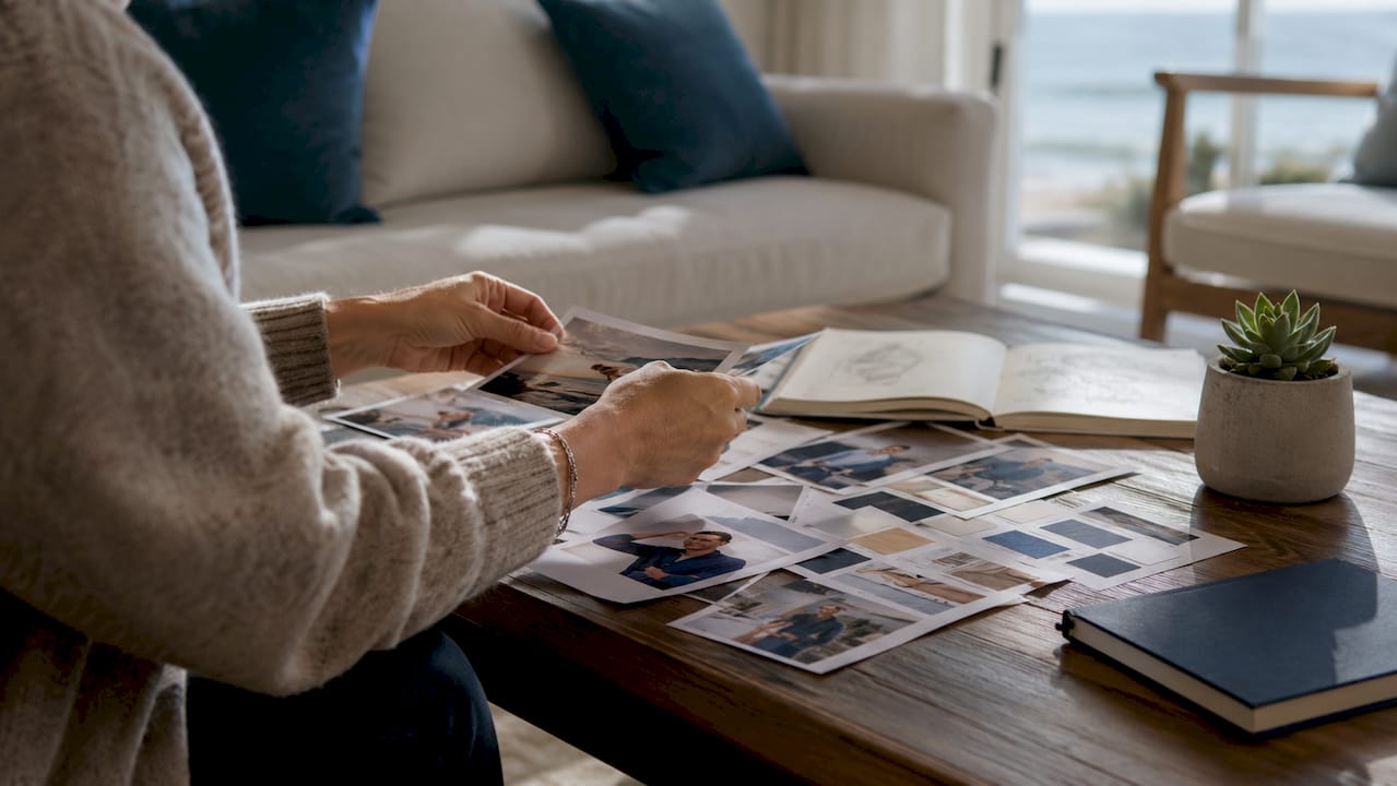 Hands arranging essential branding photos on table