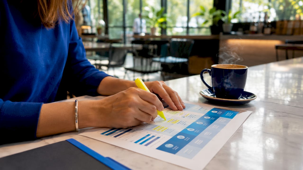 Hands highlighting marketing channel comparison document