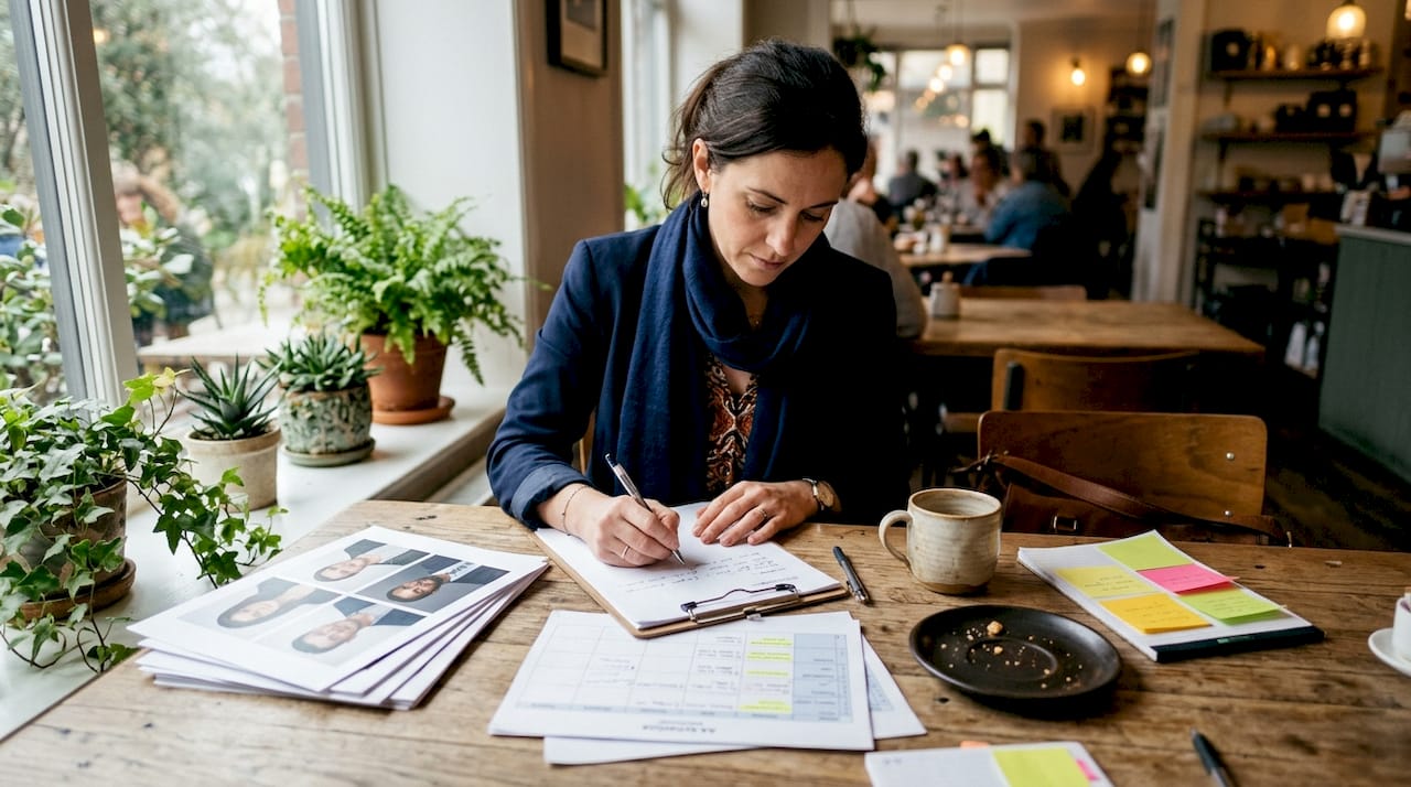 Businesswoman reviewing corporate photography schedules and proofs