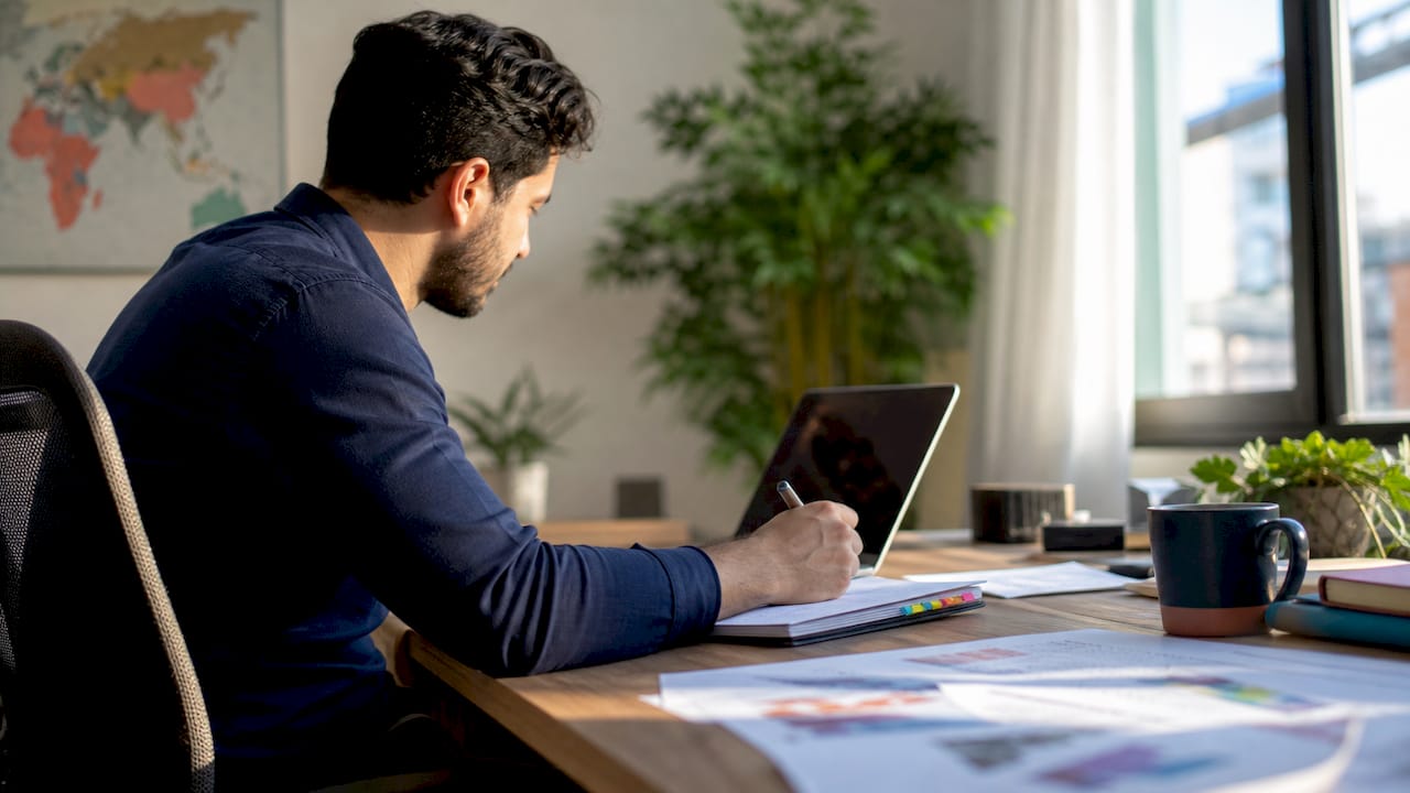 Hands typing on laptop in SEO workspace