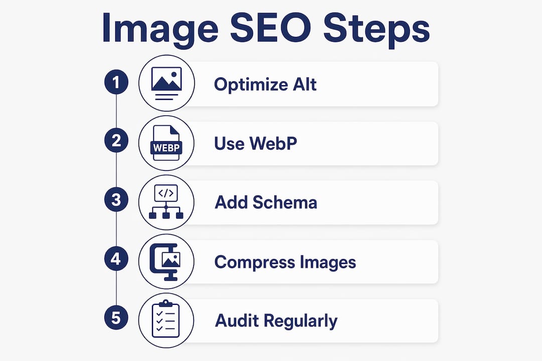 Infographic showing five key image SEO optimization steps