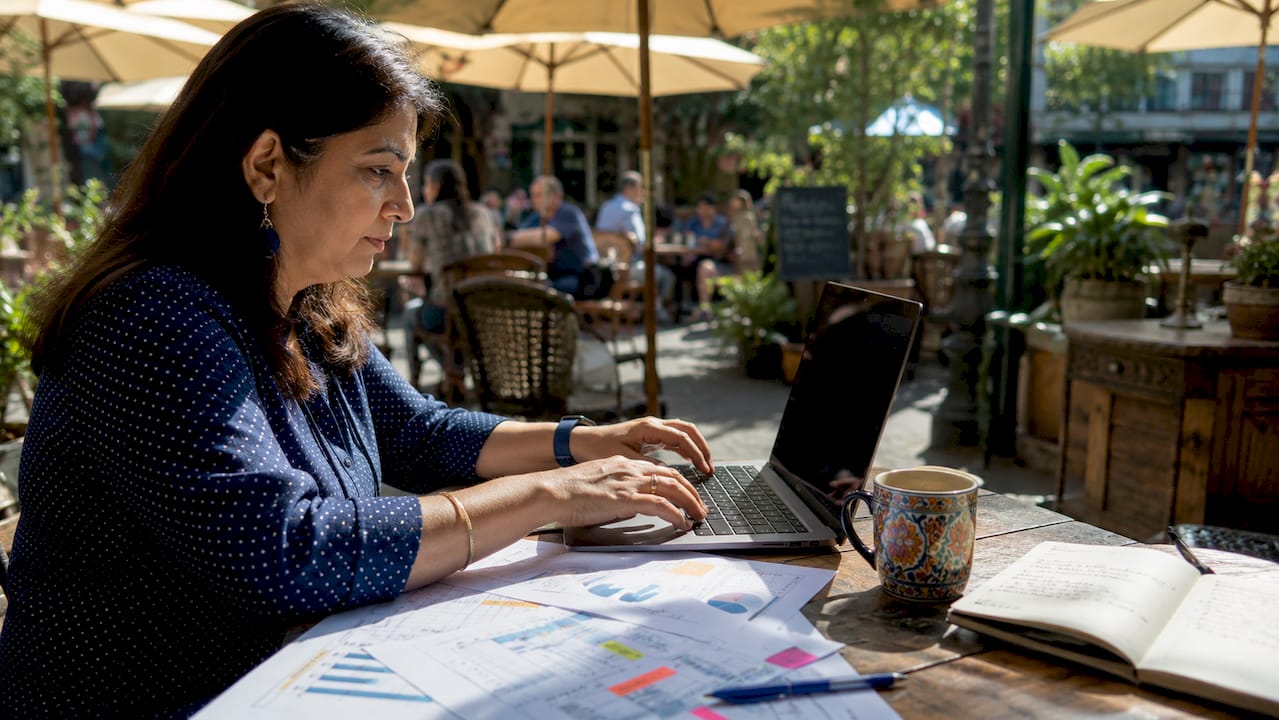 Hands typing with SEO reports in café
