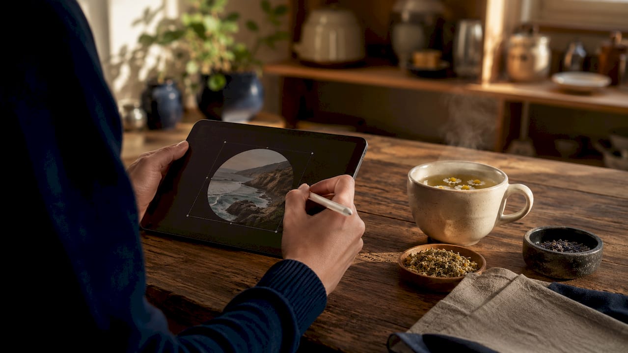 Hands cropping profile photo into circle on tablet