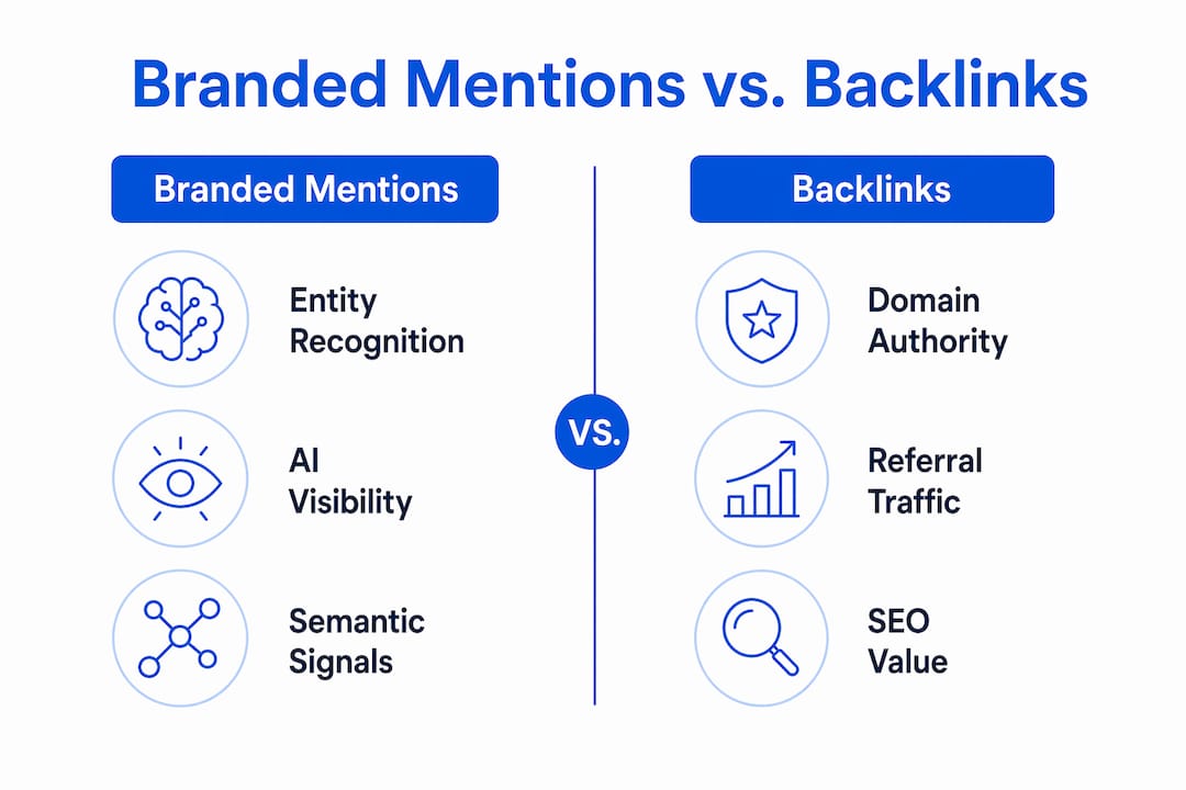 Infographic comparing branded mentions and backlinks characteristics