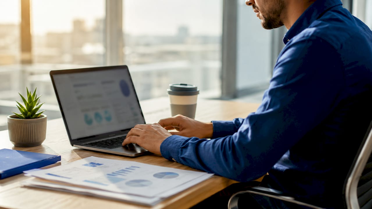 Analyst hands typing near AI data charts