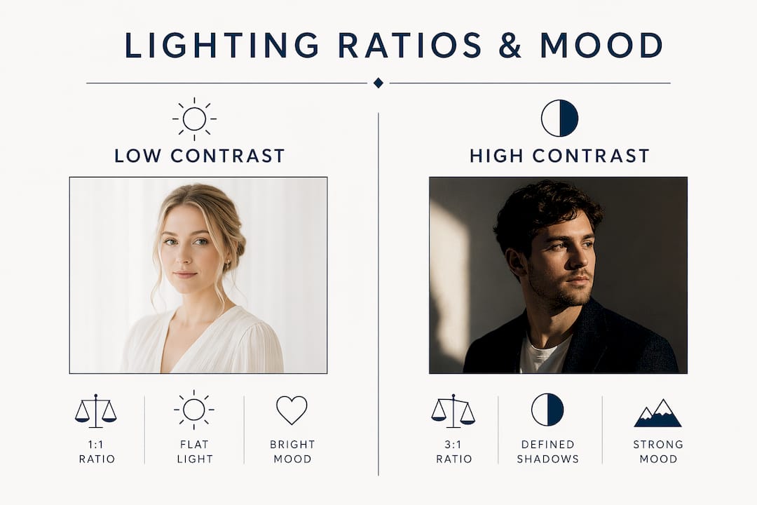 Infographic comparing lighting ratios and associated moods