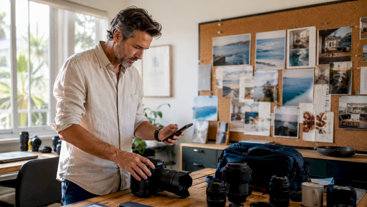 Photographer preparing brand photoshoot gear
