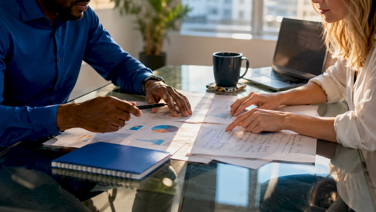 Hands reviewing printed SEO automation reports