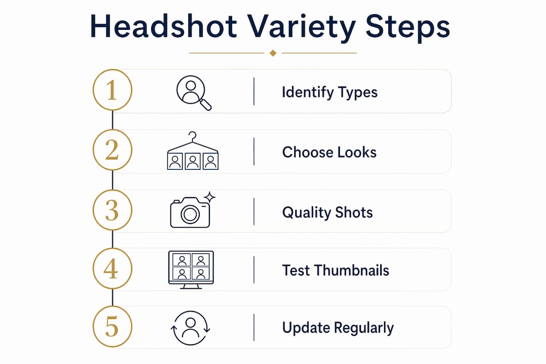 Infographic illustrating steps for effective headshot variety