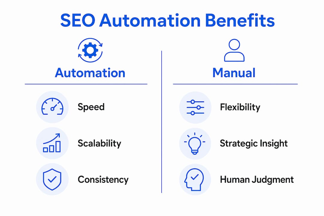 Infographic comparing SEO automation and manual tasks