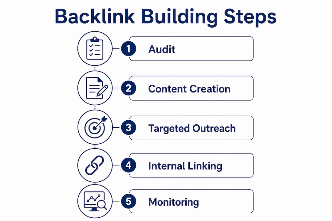 Infographic showing the five key backlink building steps